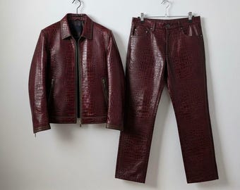 Men's Burgundy Cowhide Leather Jacket & Pants Set - Crocodile Embossed Biker Style