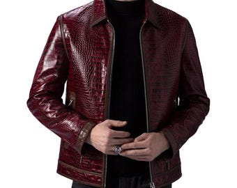 New Men's Cowhide Burgundy Handmade Crocodile Embossed Pattern Real Leather Jacket Alligator Print Style Luxury Biker Jacket