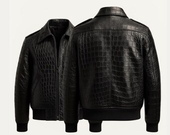 Men's Black Cowhide Leather Bomber Jacket: Crocodile Embossed Alligator Print