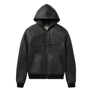 May include: Black leather zip-up hoodie with a hood and front pockets. The jacket features the embossed word "A/rex" across the chest. The cuffs and bottom hem are ribbed.