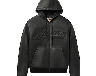Avirex Nappa Lambskin Leather Zip Up Hoodie Jacket, Men's Custom Fit Streetwear