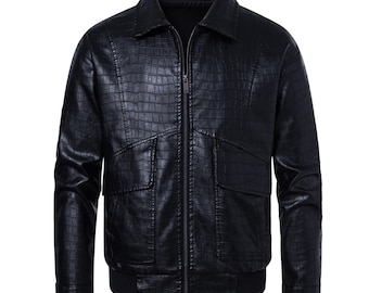 Handmade Black Leather Jacket for Men – Crocodile Embossed Cowhide Biker Motorcycle Coat