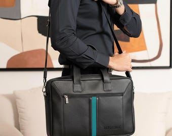 Full Grain Leather Messenger Bag | Laptop Satchel, Office Briefcase, Accent Stripe Detail