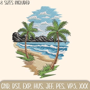 Beach Machine Embroidery Design, Beach Scene Embroidery Design, Summer Beach with Sea Wave and Palm Tree, Tropical Beach, Summer Holiday