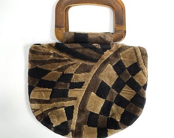 Vintage Tapestry Carpet Bag Purse Handbag Handles Hippie Boho Black Brown Velvet