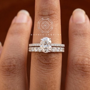 1CT Oval Cut Moissanite Engagement Ring Set, Stackable Ring, Hidden Halo Promise Ring, Bridal Ring Stack, Wedding Ring Set, Anniversary Gift
