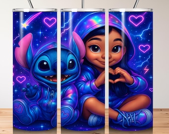 Lilo and Stitch Tumbler Wrap: 3D Neon Design PNG Digital Download