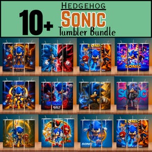 May include: A collection of ten or more Sonic the Hedgehog tumblers. Each tumbler features vibrant character designs and the Sonic logo. The tumblers are displayed on a wooden surface, with the text "HEDGEHOG SONIC Tumbler Bundle" at the top.