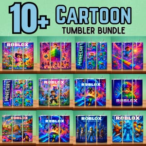 Puede incluir: Una colección de más de diez vasos con temática de dibujos animados. Los vasos presentan diseños vibrantes con personajes y logotipos de juegos populares como Roblox y Minecraft. El texto "10+ CARTOON TUMBLER BUNDLE" se muestra en la parte superior.