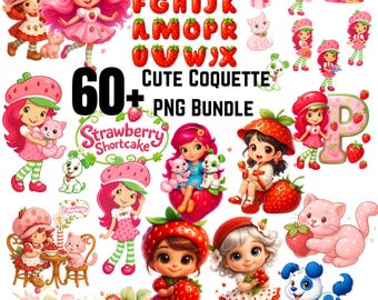 Retro aardbei-cartoon clipart-png-bundel: kawaii-ontwerpen uit de jaren 80 (digitale download)