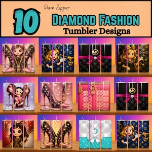 以下が含まれることがあります： 10種類のDiamond Fashionタンブラーデザインのディスプレイ。タンブラーは、ハイヒール、漫画のキャラクター、デザイナーのロゴなど、さまざまなデザインが特徴です。タンブラーは、ピンク、黒、青など、さまざまな色があります。