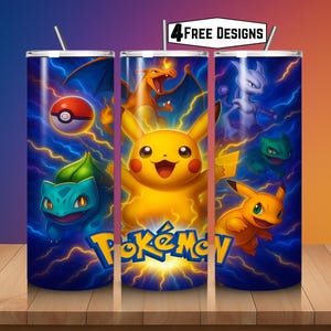 May include: A set of three stainless steel tumblers with a vibrant Pokémon design. Each tumbler features different characters like Pikachu, Charizard, and Bulbasaur, set against a blue lightning background. The word "Pokémon" is prominently displayed.