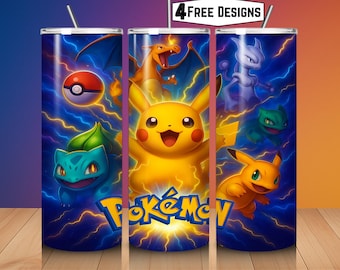 May include: A set of three stainless steel tumblers with a vibrant Pokémon design. Each tumbler features different characters like Pikachu, Charizard, and Bulbasaur, set against a blue lightning background. The word "Pokémon" is prominently displayed.