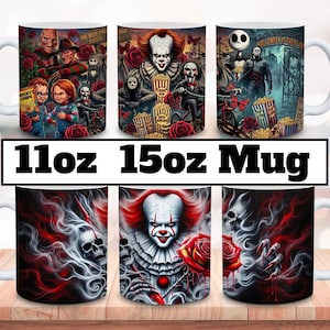 Puede incluir: Una taza de cerámica blanca con un estampado gráfico envolvente de varios personajes de películas de terror, incluidos Pennywise, Chucky y Freddy Krueger, junto con rosas rojas, cubos de palomitas y calaveras. El texto 11oz 15oz MUG es visible.