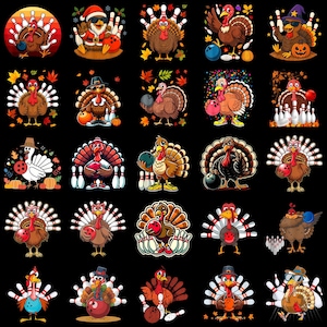 May include: A collection of colorful cartoon turkey illustrations, each holding a bowling ball and set against a black background. The turkeys are depicted in various poses and outfits, some with bowling pins.