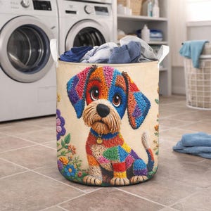 Faux Yarn Patchwork Dog Laundry Basket, Colorful Patch Dog Art Laundry Hamper, Cute Pet Lover Kids Room Storage Decor