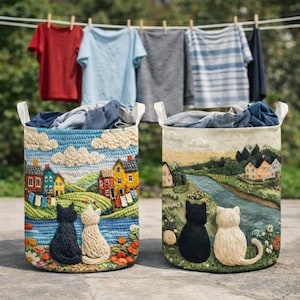 Faux Yarn Style Laundry Basket Colorful Cats Landscape Art Woven Look Fabric Hamper Cozy Village Nature Home Decor Storage Basket