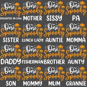 May include: A repeating pattern on a dark gray background features the words "One Spooky" above various family member titles in white. Orange pumpkins and spiderwebs are incorporated into the design, creating a Halloween theme.