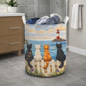 Cat Ocean Scene Laundry Basket, Faux Yarn Style Cat Art Hamper, Coastal Lighthouse Cat Illustration, Cute Laundry Storage Decor