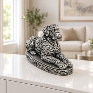 Può includere: Una statuetta color argento raffigurante un cane in posizione sdraiata, caratterizzata da un intricato motivo a volute in rilievo che copre l'intero corpo. La scultura poggia su una base ovale che presenta un motivo decorativo coordinato.