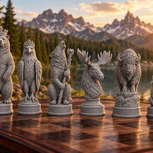 Peut inclure: Un ensemble de six pièces d'échecs grisâtres en pierre représentant des animaux détaillés, dont un ours couronné, un aigle couronné, un loup tenant un bâton, une tête d'orignal, un bison et un raton laveur, disposés sur un échiquier en bois poli.