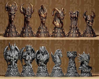 May include: A set of twelve decorative chess pieces arranged in two rows. The top row features six bronze-colored pieces with skull and horned motifs. The bottom row displays six silver-colored pieces featuring winged figures, a horse, and a tower design.