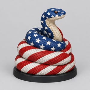 May include: A coiled snake figurine featuring a blue upper body with white stars and a lower body with red and white diagonal stripes. The snake has a cream-coloured underbelly, textured scales, and dark eyes, mounted on a circular black base.