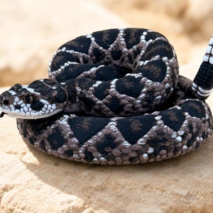 Puede incluir: Un juguete de peluche con forma de serpiente de cascabel enroscada con un patrón de diamantes negro y marrón oscuro en el lomo, vientre blanco y un cascabel segmentado blanco y negro en la punta de la cola, con una pequeña lengua negra.