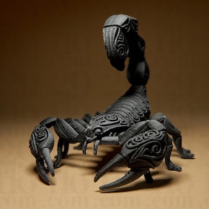 May include: A detailed black scorpion sculpture with intricate patterns. The scorpion is posed with its tail curved upwards, claws extended, and legs positioned for movement. The sculpture is set against a neutral background.