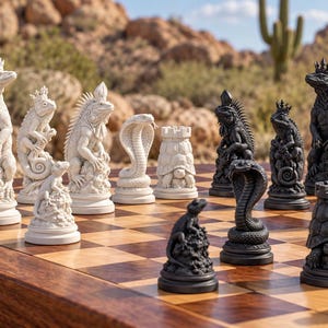 Könnte beinhalten: Ein Schachspiel mit skulpturalen Reptilien- und Amphibienfiguren in kontrastierendem mattem Weiß und Schwarz. Das Set enthält detaillierte Figuren von Eidechsen, Kobras und Schildkröten mit Kronen auf einem polierten Holzschachbrett.