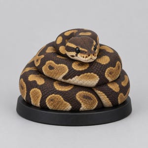 May include: A coiled ball python figurine featuring a textured dark brown and tan patterned skin, black eyes, and visible heat-sensing pits along the snout, resting securely on a smooth, circular black base against a neutral gray background.