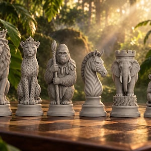 Pode incluir: Um conjunto de seis peças de xadrez com textura de pedra cinzenta e desenhos de animais, incluindo um leão com coroa, um leopardo, um gorila com um cajado, uma zebra, um elefante com uma torre de castelo e um pequeno macaco numa base.