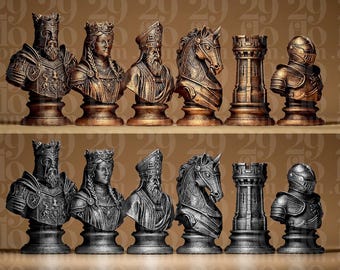 Juego de piezas de ajedrez medieval | Piezas de ajedrez estilizadas medievales | Juego de ajedrez personalizado | Bustos de rey y reina | Juego de mesa de estrategia