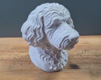 Puede incluir: Una escultura de color gris claro con textura que representa la cabeza de un perro con pelaje rizado. El busto presenta patrones de pelo ondulado detallados que cubren las orejas y el cuello, con un hocico y ojos definidos.