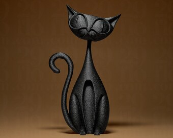 May include: A black cat figurine with a textured surface. The cat has large, round eyes and a long, curved tail. The figurine is a decorative item, likely for a home or office setting.