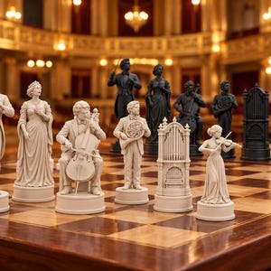 Könnte beinhalten: Ein Schachspiel mit skulpturalen Figuren klassischer Musiker und Instrumente, darunter ein Dirigent, eine Sängerin, ein Cellist, ein Hornist, eine Geigerin und eine Orgel, in Creme und Schwarz auf einem hölzernen Schachbrett.