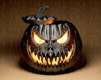 May include: A black, carved pumpkin with a menacing face and glowing orange eyes and mouth. The pumpkin has a removable lid and is lit from within, creating a spooky Halloween decoration.