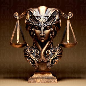 Könnte beinhalten: Eine bronzefarbene Skulptur einer Frauenbüste, verziert mit aufwendigen Details und Kopfschmuck. Die Skulptur zeigt Waagschalen der Gerechtigkeit auf beiden Seiten des Kopfes. Die Büste steht auf einem rechteckigen Sockel, mit klassischem Thema.