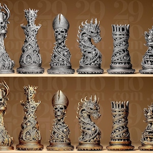 Gothic Ornamental Chess Set | Dark Art Chess Pieces | Morbid Skull Design | Collectible decoration