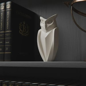 Può includere: Una scultura di gufo geometrico bianco è su uno scaffale accanto a una serie di enciclopedie. Il gufo ha un design stilizzato e angolare. I libri sono neri con scritte dorate. Anche una sfera armillare color ottone è sullo scaffale.