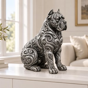 Könnte beinhalten: Eine silberfarbene Hundefigur in sitzender Position, die ein komplexes, erhabenes Wirbelmuster über den gesamten Körper aufweist. Die Skulptur hat ein metallisches Finish mit dunklen Schattierungen in den Vertiefungen.