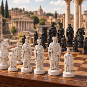 Könnte beinhalten: Ein Schachspiel mit detaillierten weißen und schwarzen Figuren, die als römische Gestalten wie Kaiser, Kaiserinnen, Soldaten, Pferde und Türme geformt sind. Die Figuren stehen auf einem Holzschachbrett mit dekorativem Rand.