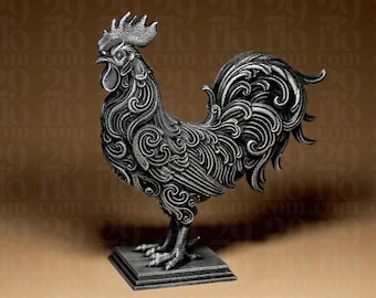 Escultura floral de gallo | Estatua de gallo ornamentada | Decoración de cocina rústica | Figura de pollo con filigrana | Arte rústico | Regalo de animales