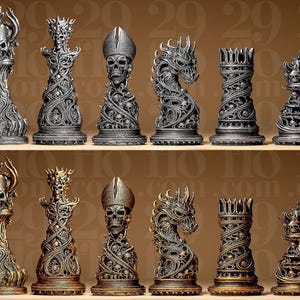 Gotiskt ornamentalt schackspel | Schackpjäser med mörk konst | Morbid skalledesign | Samlardekoration
