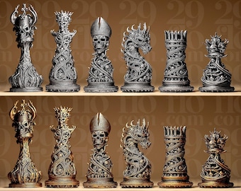 Juego de ajedrez ornamental gótico | Piezas de ajedrez de arte oscuro | Diseño de calavera macabra | Decoración coleccionable