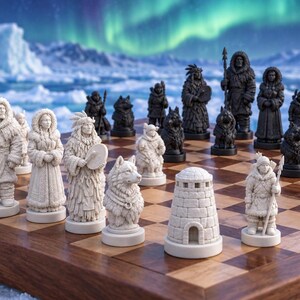 May include: A chess set featuring intricately sculpted pieces on a wooden board. The white pieces depict figures in fur-lined parkas, wolves, and igloo-shaped rooks. The black pieces represent similar figures and structures in a dark, contrasting finish.