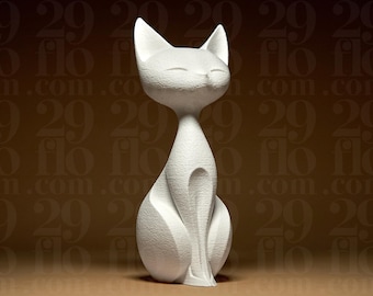 May include: A white cat sculpture with a smooth, textured surface. The cat is sitting upright with its eyes closed, and its ears are pointed. The sculpture has a slender neck and a curved body. The background is a brown gradient with repeating text.