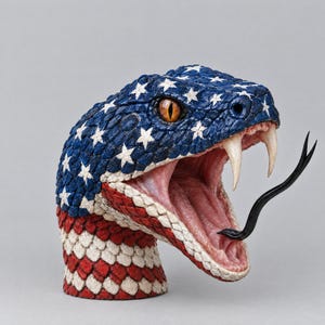 May include: A sculpture of a snake head featuring a textured scale pattern painted with the American flag design. The snake has an open mouth with visible white fangs, a pink interior, orange eyes, and a protruding black forked tongue.