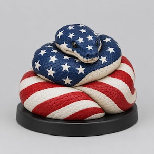 Könnte beinhalten: Eine zusammengerollte Schlangenfigur mit einem Muster, das an die amerikanische Flagge erinnert. Kopf und Oberkörper zeigen ein dunkelblaues Feld mit weißen Sternen, während der Unterkörper abwechselnd rote und weiße Streifen aufweist. Schwarzer Sockel.