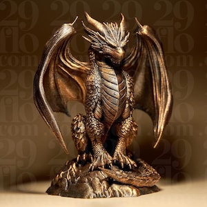 Majestueuze draaksculptuur | Fantasydecoratie | Dungeon Guardian | Mythisch wezen | Bronskleur | Cadeau voor gamers